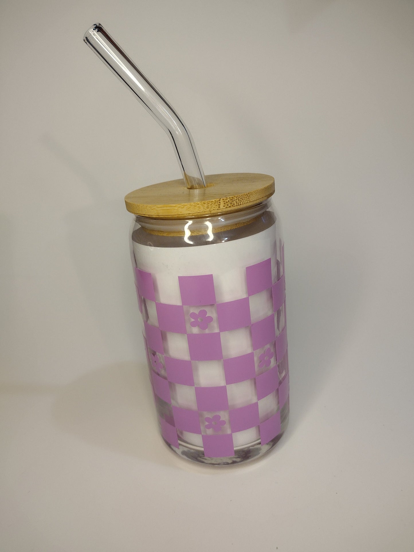 Checkered flower can cup with lid and glass straw