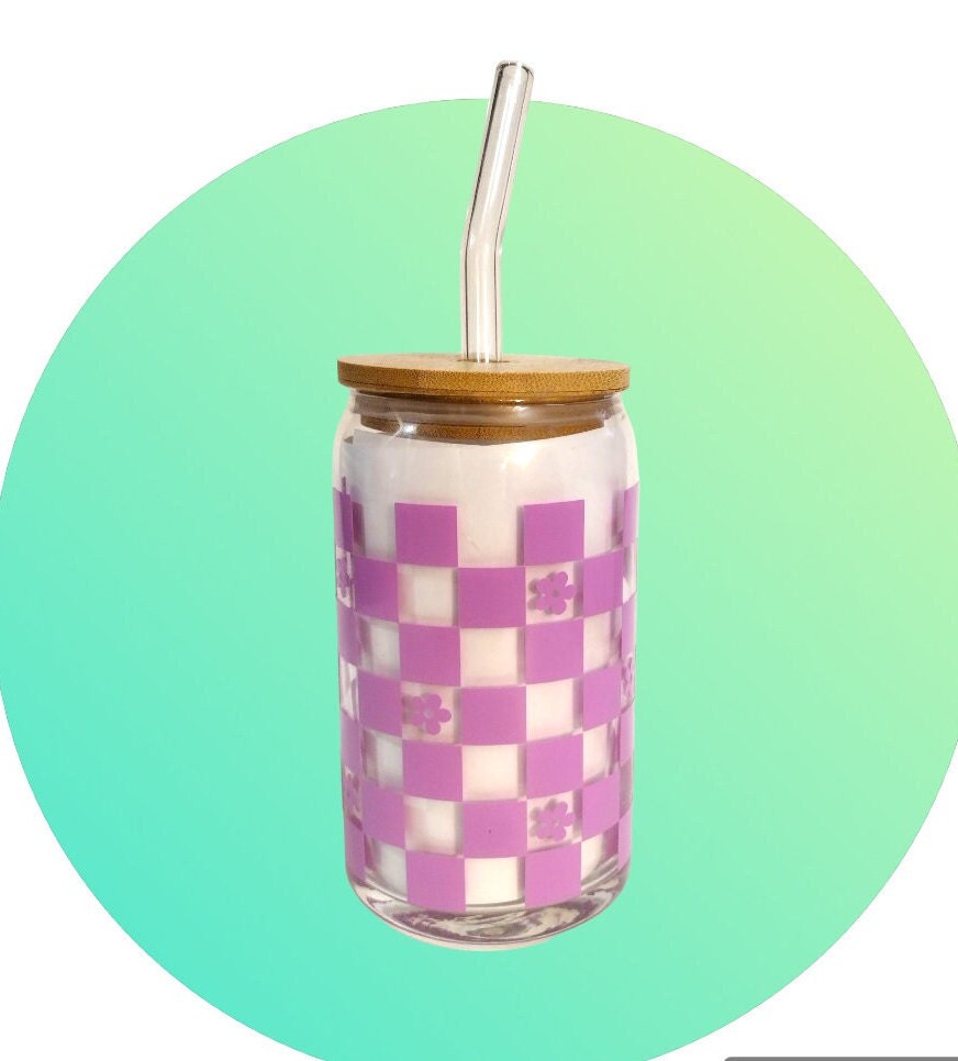 Checkered flower can cup with lid and glass straw